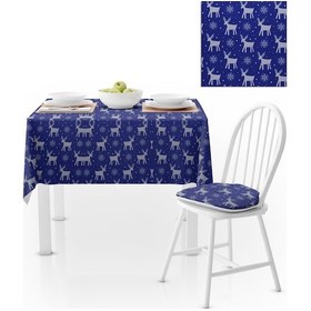 Resim Geyik Desenli Mavi Zemin Dijital Baskılı Petek Dokuma Masa Örtüsü 140x140 