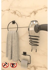 Resim Yapışkanlı Siyah Kare Havlu Askısı Fön Askısı Ve Kare Tuvalet Kağıtlık Banyo Aksesuar Seti Siyah 