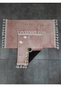 Resim Elite Pudra Pembe Ponpon Saçaklı Peluş 2'li Banyo Paspası Halısı Pudra 