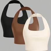Resim 3'lü Kadın Günlük Kırpma Halter Tank Topları Siyah, Pembe ve Beyaz Renklerde - Kolsuz, Esnek Polyester Karışımı, Sırtı Açık Tasarım İlkbahar/Yaz/Sonbahar İçin - Makinede Yıkanabilir 