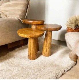 Resim Tik Ağacı Renk Ahşap Mantar Sehpa 3 Lü Zigon Sehpa Ve Fiskos Kahverengi 