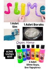 Resim ÇEÇEN HOME Slime Yapım Seti 2 Adet Renkli Sıvı Yapıştırıcı Slime Suyu + 1 Adet Toz Boraks +1 Adet Renkli Sim 