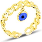 Resim Gümüş Altın Yaldızlı, Nazarlı Alttan Ayarlamalı Zincir Yüzük 