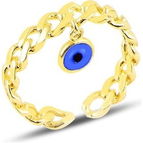 Resim Gümüş Altın Yaldızlı, Nazarlı Alttan Ayarlamalı Zincir Yüzük 