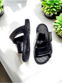 Resim Erkek Gerçek Deri Cırtlı Ayarlanabilir Ev Ve Dışarı Terliği Siyah 