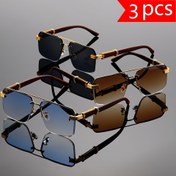 Resim Kadınlar ve Erkekler için 3 adet Retro Altın Moda Gözlüğü, Zarif Kesikli Camlar, Klasik Ahşap Desen, Çapraz Parti Gözlükleri, Çinko Alaşımlı Çerçeve ve Polikarbon Camlar 