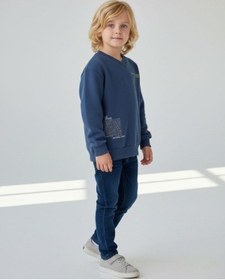 Resim Zekids Erkek Çocuk Pamuklu V Yaka Baskılı Sweatshirt-16702 Indigo 