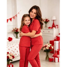 Resim NiCe İç Giyim Anne & Kız Kombin Pijama Takım Milan Kumaş Mevsimlik Kırmızı Renk Kalp Desen Gömlek Yaka (Ayrı Satılır) 