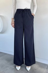 Resim Kadın Bel Lastikli Bağcıklı Bol Paça Pantolon Lacivert TZL-P-00020736 