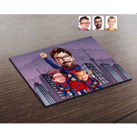 Resim Kişiye Özel Süper Baba Ve 2 Çocuk Karikatürlü Ahşap Puzzle-1 