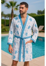 Resim Baskılı Müslin Kimono Bornoz Unisex %100 Pamuk Yumuşacık 2 Katlı Doğal Kumaş - Ztmbb10 Mavi 