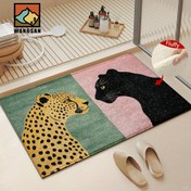Resim 1 adet Karşı karşıya duran iki leopar desenli banyo kaymaz paspas, taklit kaşmir mikrofiber kabarık peluş malzeme, yaratıcı tasarım, makinede yıkanabilir, mutfak, banyo, duş odası, ev için uygun, hediye olarak verilebilir 
