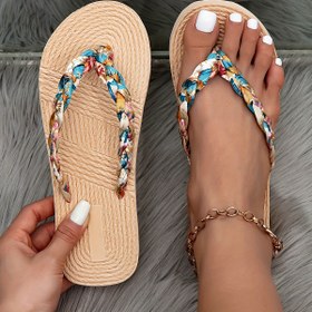 Resim Kadınlar İçin Yazlık Şık Çiçek Desenli Tanga Sandaletler - Nefes Alabilen Kumaş Üst ve Yumuşak EVA Tabanlı Düz Taban Plaj Terlikleri, Günlük Kullanım ve Havuz Kenarı için Rahat Ayakkabı 