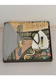 Resim Çeyizlik Hediyelik Seccade Set Astarlı Kadife Seccade, Eşarp, Kristal Tesbih, Erkek Tesbihi, Takke Ve Esanslı Özel Kutulu Lüks Hediye Gri 