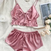 Resim Kadınların Seksi Düz Saten Pijama Takımı, Bağcıklı Önü V Yaka Sırtı Açık Crop Cami Üst & Mini Şort, Rahat Bol Kesim, Yazlık Gecelik 