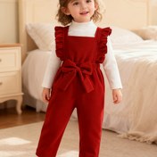 Resim Kız Çocuk Fırfırlı Kollu ve Fiyonk Detaylı Rahat Kırmızı Tulum - Sıcak Uzun Kollu Tulum, Konforlu Geniş Paça Pantolon, Sonbahar/Kış için Mükemmel, Günlük Kıyafet, Kız Çocuk Kıyafeti, Sonbahar Kış Giyim, Yumuşak Dokulu Giyim, Dış Mekan için 