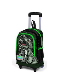 Resim Coral High Kids Koyu Yeşil Siyah Dinazor Desenli Üç Bölmeli Işıklı Tekerlekli Çekçekli Sırt Çantası 23925 
