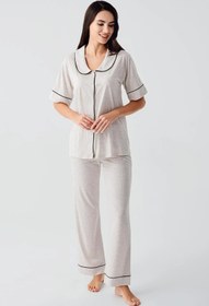 Resim Bebe Yaka Düğmeli Kısa Kollu Esnek Pamuklu Pijama Takım 17201 - Bej / M 