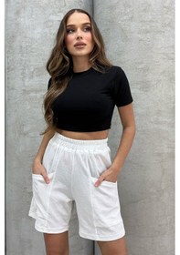 Resim Lesa Wear Yüksel Bel Bol Kesim Keten Görünümlü Çift Cepli Şort Beyaz 