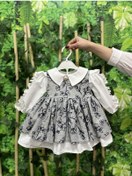 Resim Büzgü Kol Broş Detaylı Gri Triko Pamuk Kız Çocuk Bebek Elbise 001 