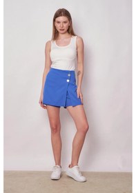 Resim JUMENT Kadın Yüksek Bel Dokuma Kumaş Midi Boy Şort Etek Boy:38cm +-2cm -saks SAX 