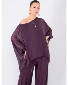 Resim Bohem Stil İtalyan Yarasa Kol İpek Bluz & Pantolon Takım-8767 Mürdüm 