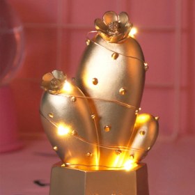 Resim River World LED Işıklı Sevimli Kaktüs Dekoratif Masa Lambası Mini Biblo Gece Lambası Gold 
