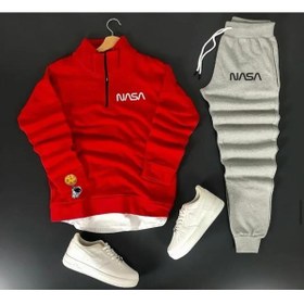 Resim NewCabin Unisex Nasa Baskılı Yarım Fermuarlı Siyah Sweat- Siyah Pamuklu Eşofman Altı Takım Alt Üst 2'li 