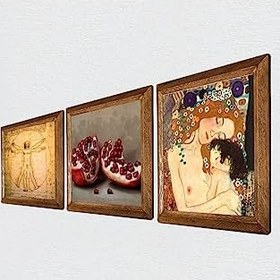 Resim Pinecone Gustav Klimt Anne Çocuk, Da Vinci Vitruvius Adamı, Nar Taş Duvar Tablosu - Ahşap Çerçeveli Taş Tablo - 25x25 cm - 3 Parça Set - Dekoratif Duvar Sanatı - Modern Ev Duvar Dekoru W3-1360 