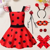 Resim Kızlar için 8 parça set, Halloween ve Noel için büyük kırmızı ve siyah polka dot kostümü içeren, doğum gün partileri için tam bir böcek kostümü, elbise, göz maskesi, baş bandı, sihirli çubuğu, küpe (2 adet) ve eldiven (2 adet) içerir. 