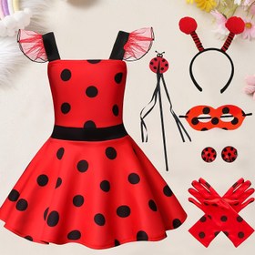 Resim Kızlar için 8 parça set, Halloween ve Noel için büyük kırmızı ve siyah polka dot kostümü içeren, doğum gün partileri için tam bir böcek kostümü, elbise, göz maskesi, baş bandı, sihirli çubuğu, küpe (2 adet) ve eldiven (2 adet) içerir. 