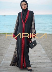 Resim ipek krep ve kırmızı saten detaylı Japon tarzı ferace - XL 