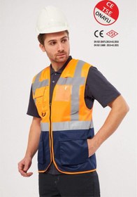 Resim WORKERWEST Worker West Turuncu Lacivert Hi-Vis Reflektörlü Mühendis İkaz Yeleği 
