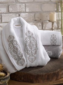 Resim Dantela Bambu Bornoz Aile Seti Merlin Gri-Beyaz Beyaz - Gri 