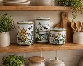 Resim Muse Garden Dekoratif Porselen Kavanoz Seti, Kelebek ve Çiçek Desenli, 3 Parça, 10-16 cm 
