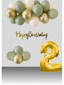 Resim 2 Yaş Retro Krom Gold Küf Yeşili Kum Beji Balon Happy Birthday Banner Gold Rakam Doğum Günü Süsleme Çok Renkli 