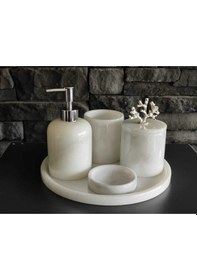 Resim Beyaz Mermer Gümüş Mercan Aksesuarlı 5'li Banyo Seti Beyaz 