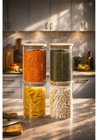 Resim Porsima 2-4 Bambu Borosilikat Vakumlu Kapaklı Yuvarlak Cam 4lü Kavanoz Seti Saklama Kabı 1300ml 10x20cm 
