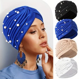 Resim 1 adet Kadınlar için Zarif İnci Süslemeli Turban Şapka - Yumuşak, Hafif, Polyester Başlık Sarma ile Dekoratif İnciler, Günlük Giyim İçin İdeal, Elde Yıkanabilir, Moda Aksesuarı | Zarif Başlık | İnci Süslemesi 
