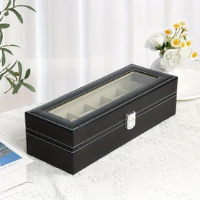 Resim Premium 6 Yuvalı Siyah Suni Deri Erkek Saat Saklama Kutusu - Krem İç Kaplamalı | Seyahat Organizatör Tepsisi, Saat Sergileme Kabı ve Standı | Saat Tutkunları için Mükemmel Hediye | Şık Vitrin | Güvenli Saat Yuvaları 