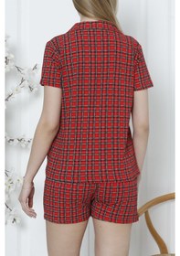 Resim Nicoletta Kadın Düğmeli Şortlu Pijama Takımı Ekoseli Pamuklu Likralı Cepli Kırmızı Nıc1077 R02 Kırmızı 