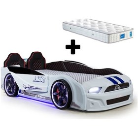 Resim Beyaz Arabalı Yatak Kapıları Açılan Mustang Full Ledli Kumandalı Ve Müzikli + Ortopedik Yatak 