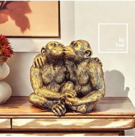 Resim Leny Altın Renk Öpüşen Maymun Heykeli Dekoratif Obje, Ev Ve Ofis Hediyesi, Hayvan Figürlü Biblo 