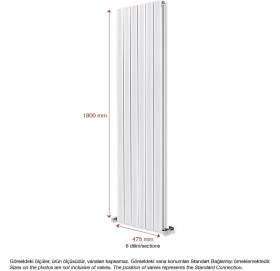 Resim Hammam 1800 x 475 MM Amber Dikey Beyaz Alüminyum Radyatör Standart Bağlantı 