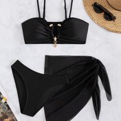 Resim 1 adet Şık Kadın İkili Mayo Seti, Yüksek Esnek Polyester Örgü Kumaş, Kolsuz Düz Renkli Mayo, Düğmeli Detay, %82 Polyester %18 Elastan 