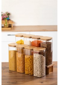 Resim Porsima 7-4 Bambu Vakumlu Kapaklı Kare Borsilikat Cam 8li Kavanoz Seti Saklama Kabı 1900ml 9,5x27cm 