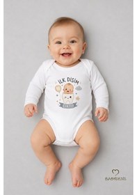Resim Babyden's İlk Dişim Çıktı Baskılı Uzun Kol Bebek Body %100 Pamuk Unisex Diş Buğdayı Konsept Çıtçıtlı Zıbın Beyaz 