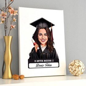 Resim Karikatürlü Üniversiteli Kız Öğrenci Mezuniyet Kanvas Tablo 