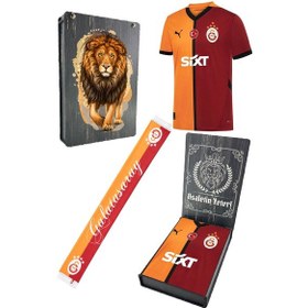 Resim Galatasaray Lisanslı 24/25 Parçalı 5 Yıldızlı Forma + Şal Kaşkol Set Aslan Baskılı Hediyelik Ahşap Kutulu Sarı - Kırmızı 