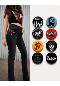 Resim 8 Li Set-12 Rock Müzik Temalı Rozet Seti Siyah Kırmızı Sarı Retro Punk Broş Pin Çok Renkli 